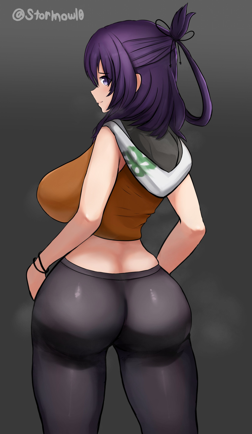 1girls ass back_view big_ass big_breasts big_butt bracelet eiyuu_densetsu leggings purple_eyes purple_hair rixia_mao simple_background solo solo_female solo_focus the_legend_of_heroes thick thick_ass zero_no_kiseki