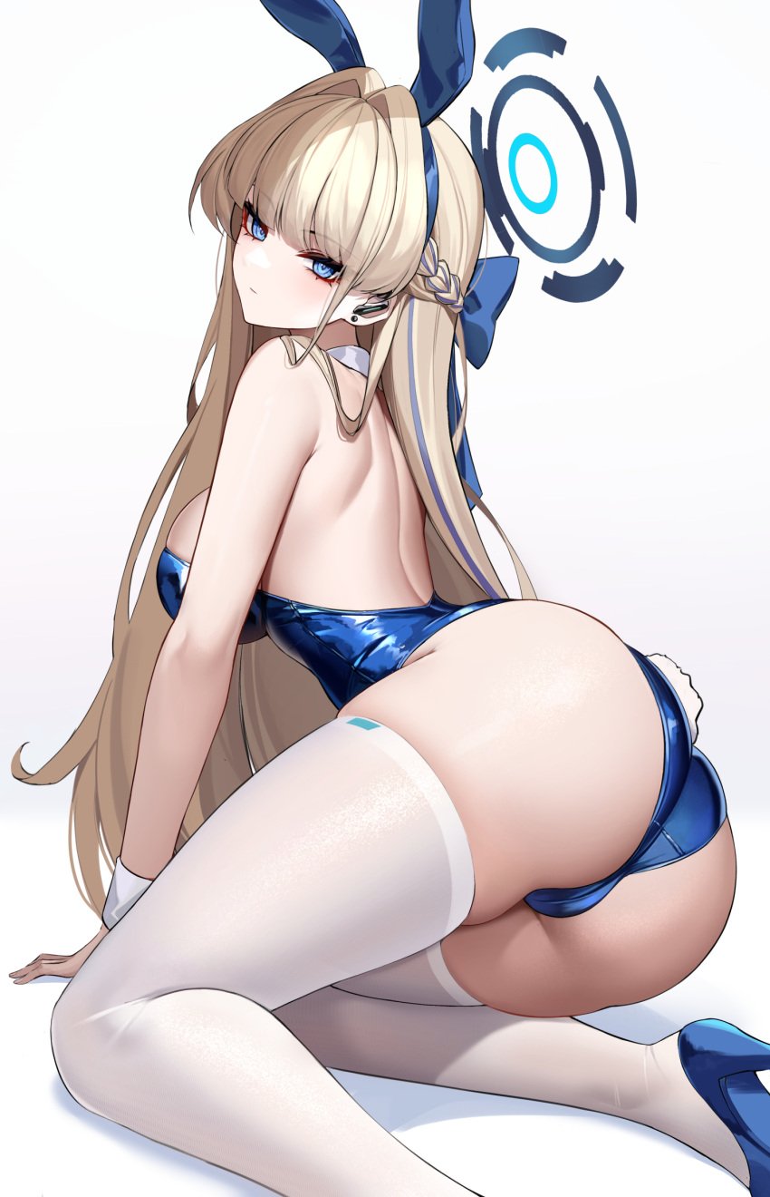 1girls animal_ears ass bad_id bad_twitter_id bare_arms bare_shoulders blonde_hair blue_archive blue_bow blue_eyes blue_footwear blue_hairband blue_halo blue_leotard blush blushing_at_viewer bow breasts bunny_ears bunny_tail bunnysuit cleaning_&_clearing_(blue_archive) detached_collar eternity_(shadeh) eyebrows_visible_through_hair fake_animal_ears fake_tail female from_behind hair_intakes hair_ornament hairband halo high_heels highres leotard light-skinned_female light_skin long_hair looking_at_viewer looking_back millennium_science_school_student multicolored_hair official_alternate_costume playboy_bunny rabbit_ears rabbit_tail simple_background solo tail thighhighs thighs toki_(blue_archive) toki_(bunny)_(blue_archive) white_background white_thighhighs wrist_cuffs