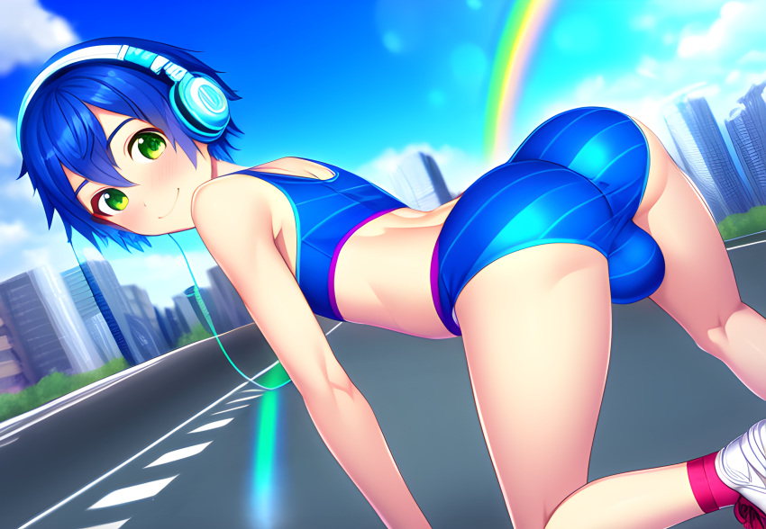 1boy ai_generated all_fours ass ass_focus big_ass big_butt blue_hair city femboy girly green_eyes headphones novelai pov sidewalk smile smiling smiling_at_viewer sneakers street striped_panties