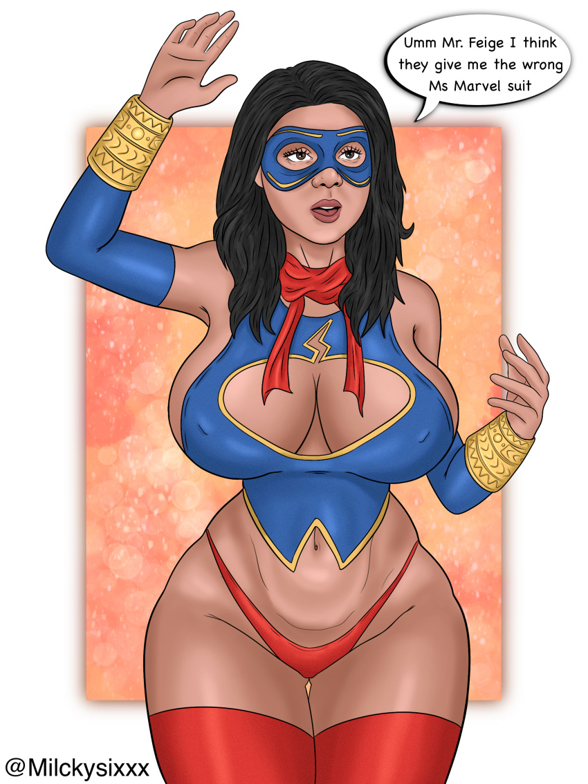 big_ass big_breasts bikini boob_window breasts brown_body brown_eyes celebrity confused confused_look costume curvaceous dark_hair female female_focus female_only gloves half-dressed half_naked high_gloves high_socks iman_vellani kamala_khan large_breasts long_hair marvel marvel_cinematic_universe marvel_comics ms._marvel ms._marvel_(series) small_waist talking thick_legs thighhighs waist