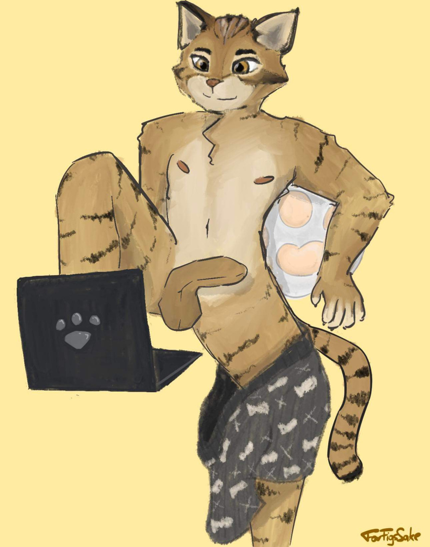 anthro balls chilling clothed clothing computer domestic_cat erection felid feline felis filip_mialczynski first_porn_of_character foreskin forfigssake_(artist) front_view genitals hi_res home laptop looking_at_computer looking_at_laptop looking_at_object male mammal nipples nude partially_clothed penis pillow pracuj_pl resting simple_background slight_smile solo spread_legs spreading tabby_cat tail underwear underwear_down yellow_background