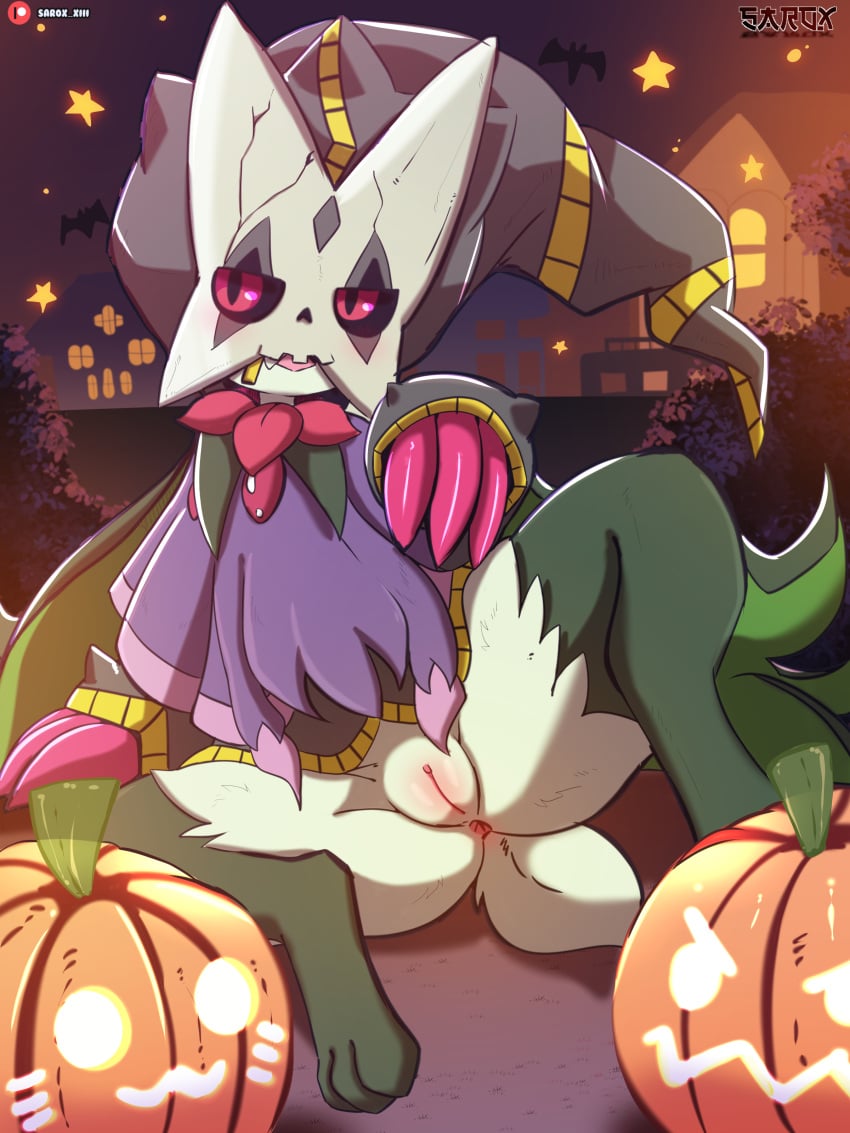 absurd_res adorable anthro anus female fur generation_4_pokemon generation_9_pokemon genitals green_body green_fur halloween hi_res holidays jack-o'-lantern mega_banette mega_evolution meowscarada mismagius nintendo pokemon pokemon_(species) pokemon_sv pussy sarox solo