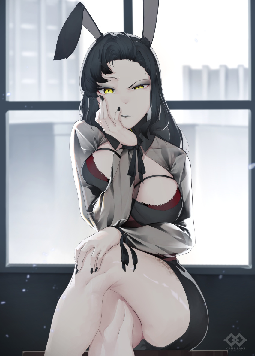 1girls amber_glow animal_ears annoyed artist_logo artist_name black_hair black_lipstick black_nails breasts bunny_ears bunny_girl cleavage clothed clothing crossed_legs detailed_background female female_only huge_breasts indoors kanesaki_hyudou light-skinned_female light_skin looking_at_viewer sitting sitting_on_stool solo tattoo vallini_laudo virtual_youtuber yellow_eyes