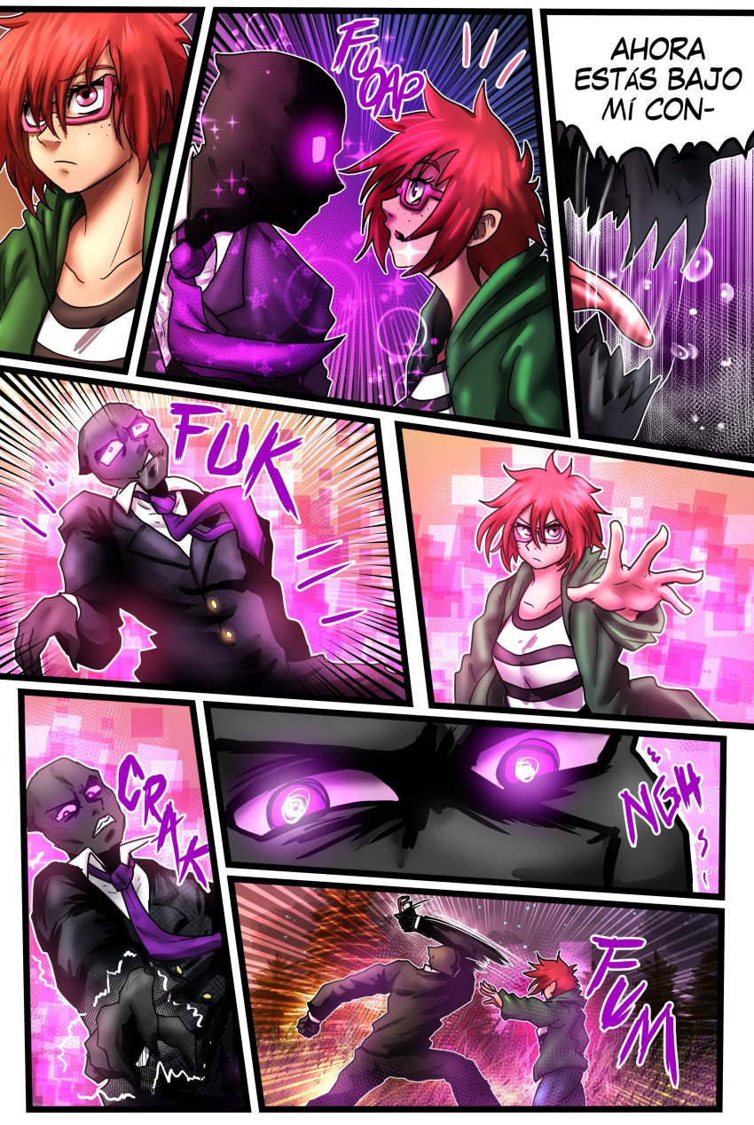 1boy1girl aurora_romanof black_body bri4n500 business_suit comic comic_page crossover el_diario_de_jonathan enderman female freckles glasses male minecraft pink_eyes purple_eyes red_hair short_hair spanish_text telekinesis