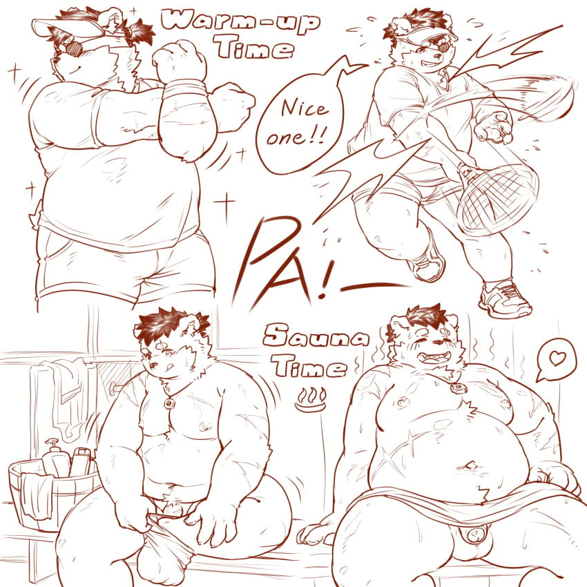 2023 anthro ball bear bottomwear clothing eye_patch eyewear heart hi_res kemono male mammal moobs navel nipples overweight overweight_male sauna scar shirt shorts sitting solo stretching tennis_ball tennis_racket topwear towel xiyuecheng