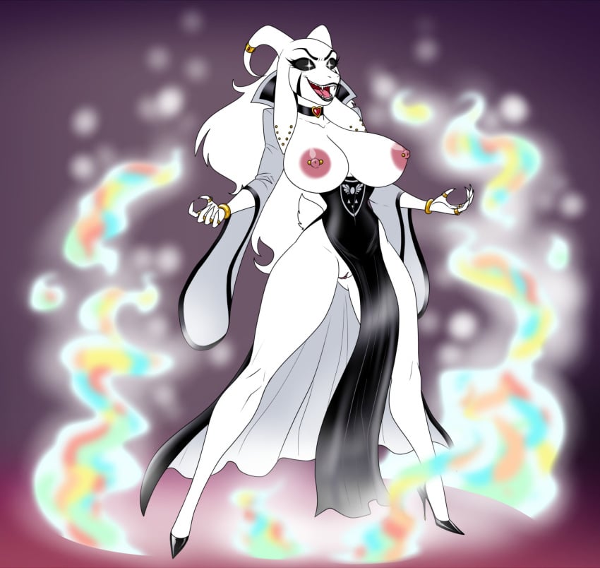 anthro asriel_dreemurr asriel_dreemurr_(god_form) big_breasts breasts crovirus dio_pose female female_asriel fur genitals hair hi_res high_heels long_hair nipple_piercing nipples piercing pussy rule_63 solo undertale undertale_(series) white_body white_fur