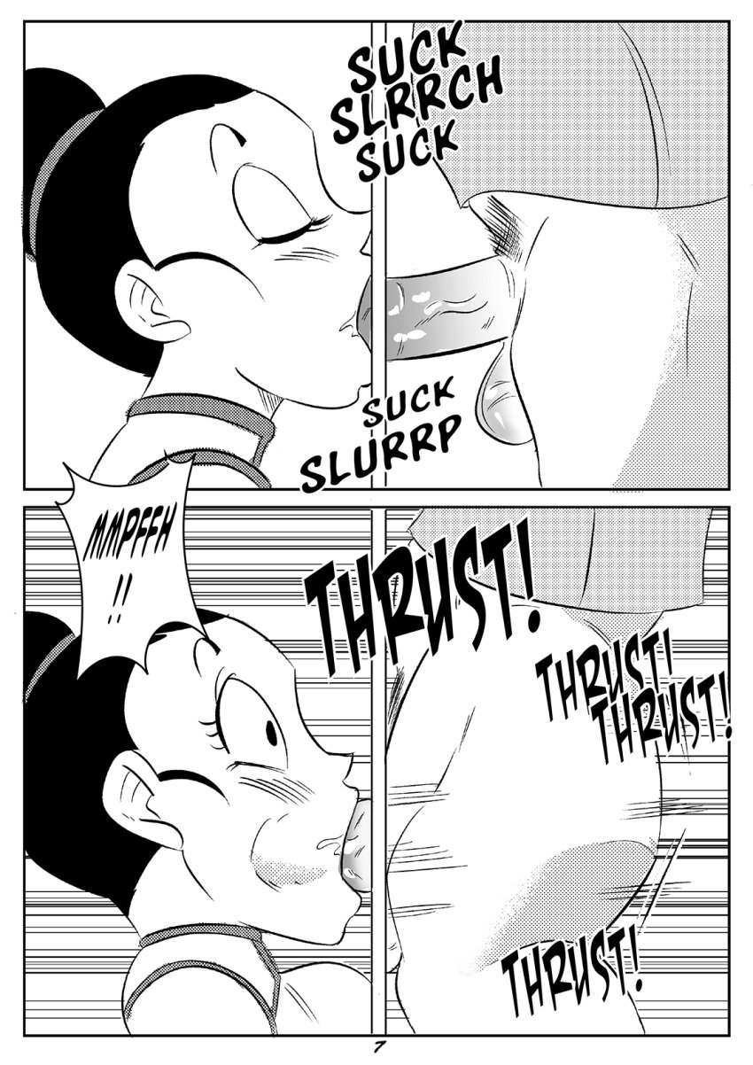 1boy 1girls black_and_white blush chichi closed_eyes comic dragon_ball dragon_ball_super dragon_ball_z fellatio funsexydragonball goku_black monochrome page_7 son_goku sucking_penis suprised thrusting_into_mouth