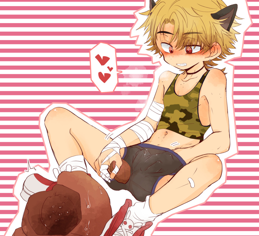 1boy animal_ears bandages black_choker blonde_hair blush bulge camouflage camouflage_shirt cat_ears choker earrings ematsuko fangs grin highres indie_virtual_youtuber jewelry kainen male_focus male_masturbation masturbation midriff mole navel otoko_no_ko precum pumpkin red_eyes red_footwear shirt shoes smile sneakers socks solo stomach toned toned_male underwear virtual_youtuber