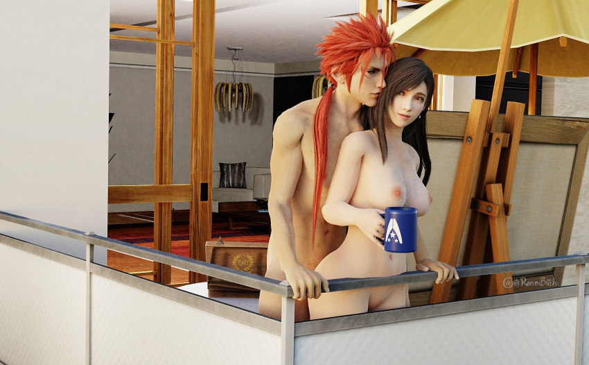 1boy 1girls 3d balcony behind_another breasts completely_nude female final_fantasy final_fantasy_vii final_fantasy_vii_remake itsrenobitch light_skin male male/female mug nipples nude nude_female red_hair reno short_hair_with_long_locks spiky_hair standing_behind straight tifa_lockhart