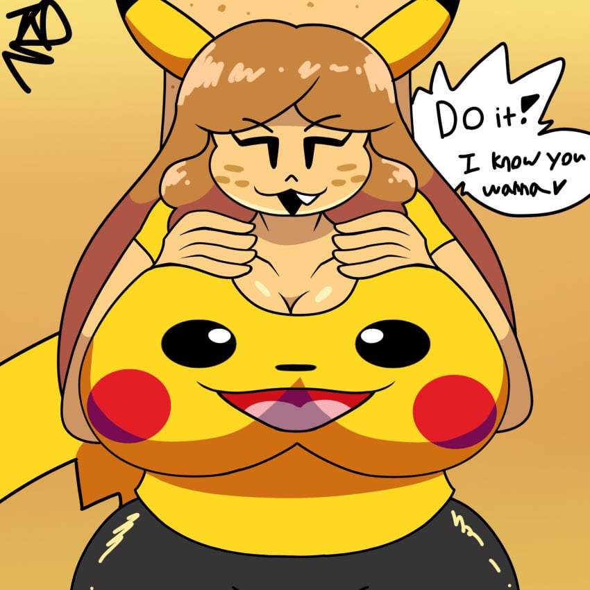 1girls 2023 big_breasts bread bread_girl breadna_(tkd) breasts brown_hair cleavage clothed_sex clothing dialogue fangs female female_only food food_creature food_girl food_humanoid freckles freckles_on_face huge_breasts long_hair oerba_yun_fang pikachu pikachu_(cosplay) pokemon solo solo_female speech_bubble tan-skinned_female tan_skin tight_clothing tkd yellow_background