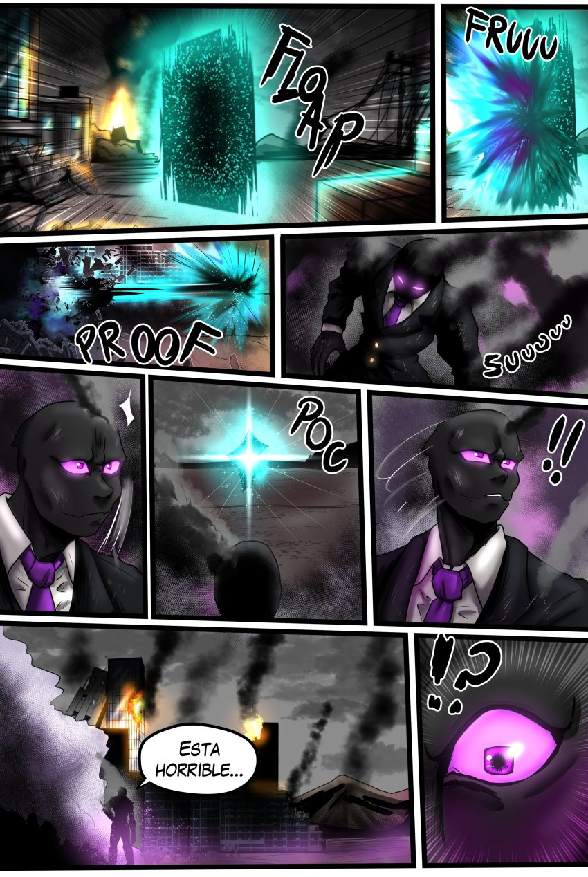 ! 1boy ? black_body bri4n500 business_suit comic comic_page el_diario_de_jonathan enderman male minecraft outdoors portal purple_eyes spanish_text