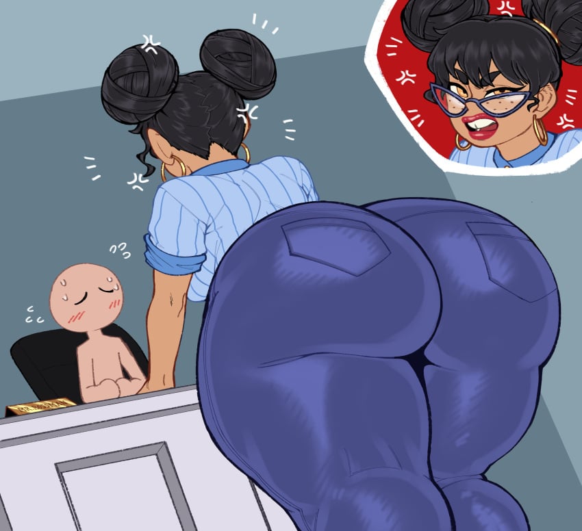 angry annoyed annoyed_expression ass back backside bent_over big_ass big_butt dark_hair desk dialogue earrings freckles freckles_on_face fully_clothed glasses huge_ass jeans large_ass lipstick naomi_(lazyeggies) pokko_(artist) rear_view thick_thighs thighs