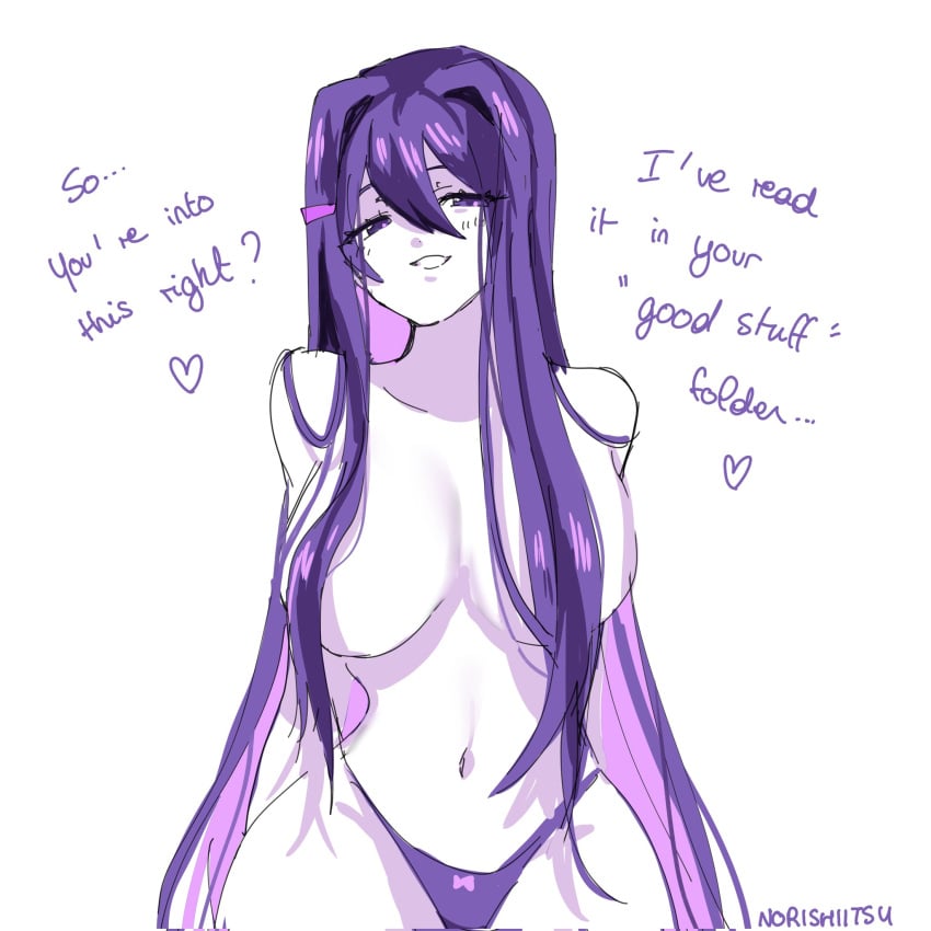 1girls big_breasts breasts clothing doki_doki_literature_club female female_only hair_covering_nipples hourglass_figure looking_at_viewer norishiitsu panties partially_clothed purple_eyes purple_hair talking_to_viewer topless yuri_(doki_doki_literature_club)