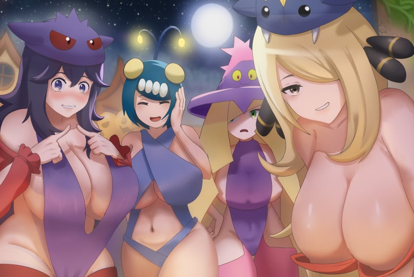 2023 4girls absurdres blonde_hair blush breasts cleavage closed_eyes costume cynthia_(pokemon) embarrassed female female_only full_moon garchomp_(cosplay) gengar_(cosplay) green_eyes grey_eyes hair_between_eyes hair_over_one_eye halloween hex_maniac highres huge_breasts lana's_mother_(pokemon) lanturn_(cosplay) large_breasts light-skinned_female light_skin long_hair looking_at_viewer lusamine_(pokemon) milf mismagius_(cosplay) night nintendo open_mouth outside pariparyu pokemon pokemon_(cosplay) pokemon_dppt pokemon_sm pokemon_xy purple_eyes purple_hair sideboob stockings thick_thighs