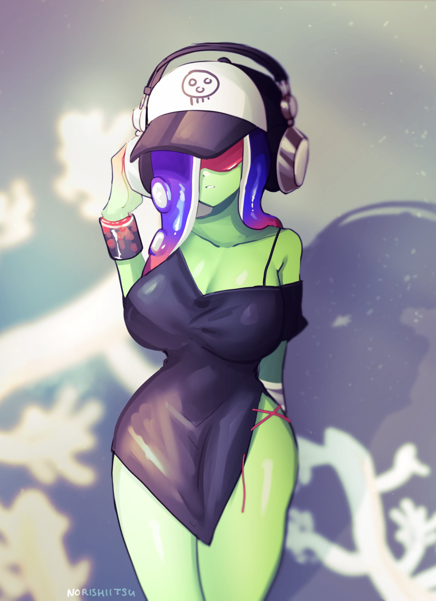 1girls acht_(splatoon) big_breasts breasts cleavage clothed clothing curvy dedf1sh dress female female_only glasses green_skin hat headphones hourglass_figure norishiitsu octoling octoling_girl sanitized_octoling splatoon