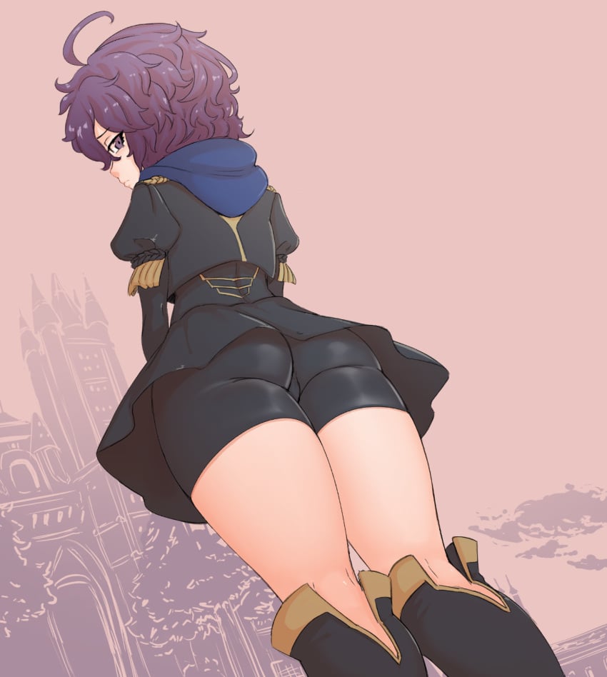 1girls ahoge ass bard-bot bare_thighs bernadetta_von_varley big_ass bike_shorts bike_shorts_under_skirt black_footwear black_skirt boots castle cathedral commentary female female_only fire_emblem fire_emblem:_three_houses from_below frown garreg_mach_monastery_uniform highres hood hood_down knee_boots long_sleeves looking_at_viewer looking_back looking_down more_at_source nintendo outdoors purple_eyes purple_hair short_hair shorts skirt solo spicy_bardo thick_thighs thighs uniform