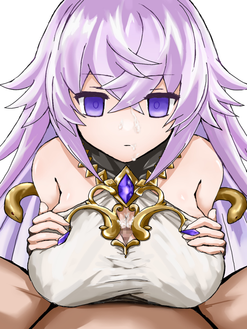 1boy breast_hold breasts censored cleavage_cutout clothing_cutout cum empty_eyes expressionless facial female grimms_notes highres huge_breasts long_hair looking_down magic_mirror_(grimms_notes) mosaic_censoring paizuri paizuri_under_clothes penis pompurinpurin pov purple_eyes purple_hair simple_background small_penis solo_focus white_background