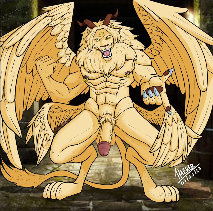 1boy absurd_res anthro balls delicious_in_dungeon dungeon_meshi feathered_wings feathers felid fur genitals hazker hi_res horn humanoid_genitalia lion male male_only mammal multi_eye multi_wing muscular muscular_anthro muscular_male nipple_piercing nipples open_mouth pantherine penis piercing pubes solo tail teeth_showing winged_lion_(dungeon_meshi) wings yellow_body yellow_eyes yellow_fur