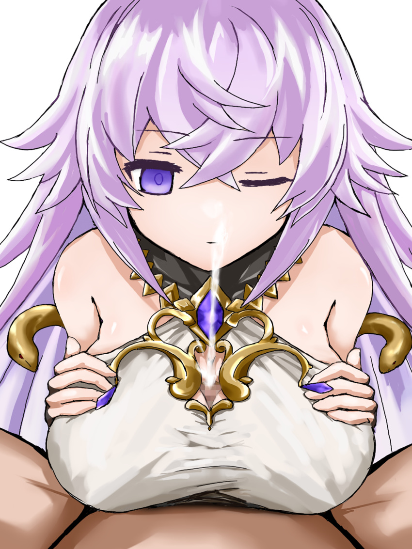 1boy breast_hold breasts censored cleavage_cutout clothing_cutout cum empty_eyes expressionless female grimms_notes highres huge_breasts long_hair looking_down magic_mirror_(grimms_notes) mosaic_censoring one_eye_closed paizuri paizuri_under_clothes penis pompurinpurin pov purple_eyes purple_hair simple_background small_penis solo_focus white_background