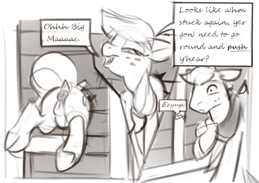 anus applejack_(mlp) applepost67 ass big_macintosh_(mlp) dock duo earth_pony english_text equid equine female feral feral_only friendship_is_magic fur genitals hair hasbro hi_res hooves horse male mammal mane monochrome my_little_pony pony pussy sketch smile tail text