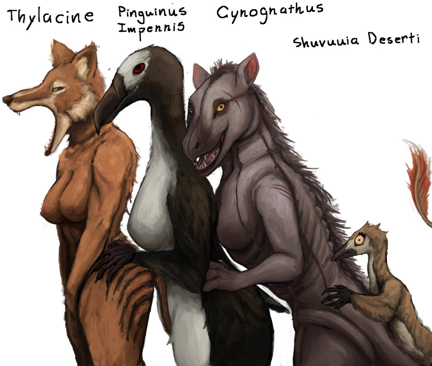 anon2000000 anthro areola ass avian beak bird black_body black_feathers black_nose black_stripes bottomless bottomless_anthro bottomless_female breasts butt_grab claws clothed clothing cynognathus dasyuromorph digital_media_(artwork) ear_tuft facial_tuft feathers female female/female fur group hand_on_butt hand_on_hip hands_covering_crotch head_tuft hi_res looking_at_viewer mammal marsupial multicolored_body multicolored_fur neck_tuft nipples nude nude_anthro open_mouth orange_body orange_fur penguin pupils raised_tail red_eyes shuvuuia side_boob side_view simple_background small_pupils smile smiling_at_viewer smirk smirking_at_viewer spikes spikes_(anatomy) standing striped_body striped_fur stripes tail teeth thylacine tuft white_body white_feathers white_fur yellow_eyes