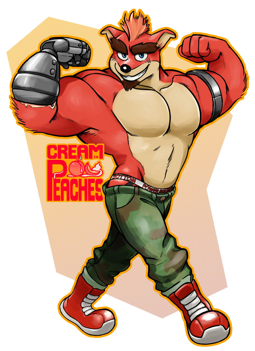 1boy 2019 abs artist_logo bara blue_eyes chin_beard crash_(series) creamin_peaches crunch_bandicoot flexing fur furry furry_male furry_only grin jockstrap male male_only marsupial military_pants military_uniform muscular muscular_male orange_hair pants red_fur robotic_arm simple_background solo tagme video_games white_background