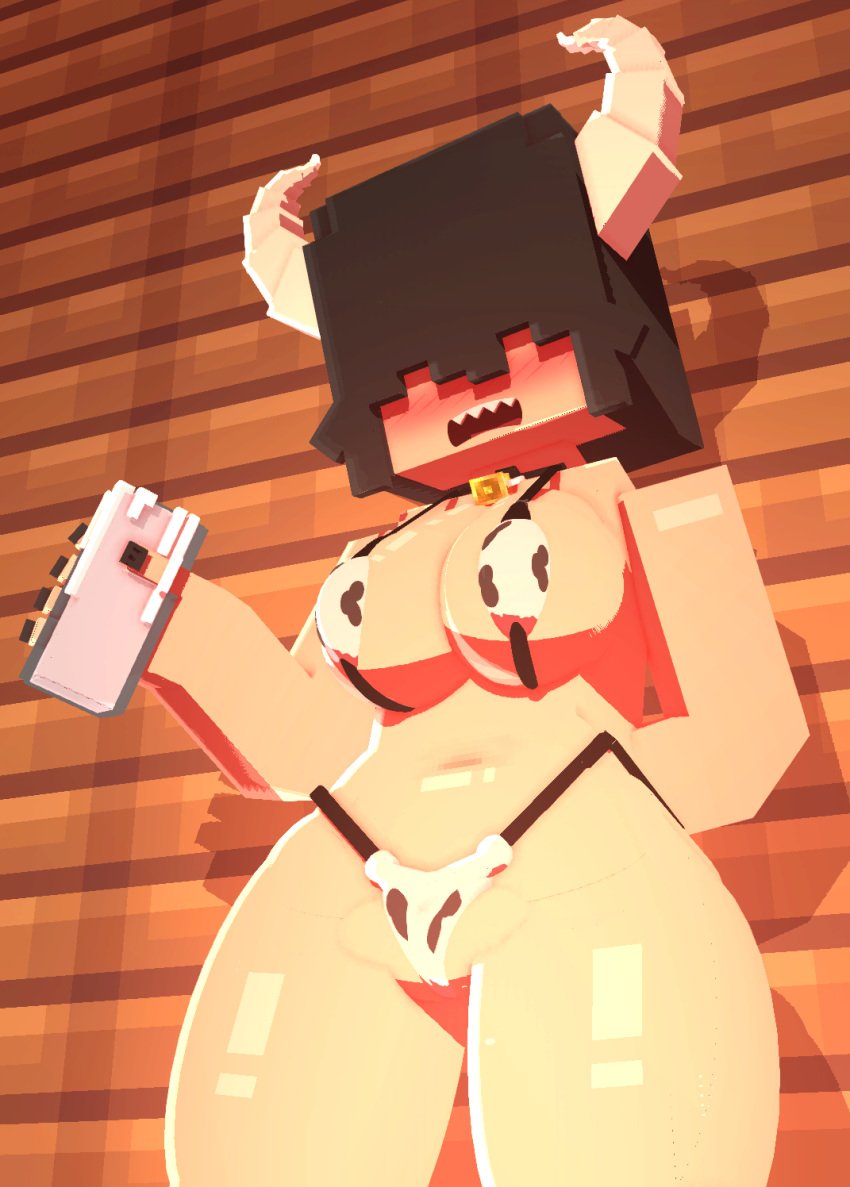 3d 3d_(artwork) big_breasts bikini blush bottomless breasts choker coresvoid cow_bikini cow_girl cow_girl_outfit cow_print cow_print_bikini curvy curvy_body curvy_female curvy_figure digital_media_(artwork) female hi_res hidden_eyes horn horns horny_female humanoid milk mine-imator minecraft nipples oc open_mouth original_character pointy_teeth shadow sharp_teeth smooth_skin thick_thighs thighs wide_hips wooden_wall