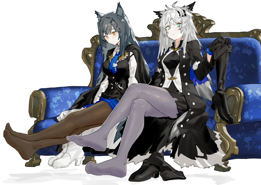 2d 2girls animal_ears arknights blue_eyes feet female female_only foot_fetish footwear_removed gray_hair lappland_(arknights) no_shoes orange_eyes pantyhose renxzd shoes_removed simple_background sitting sitting_on_sofa socks texas_(arknights) thighhighs white_background