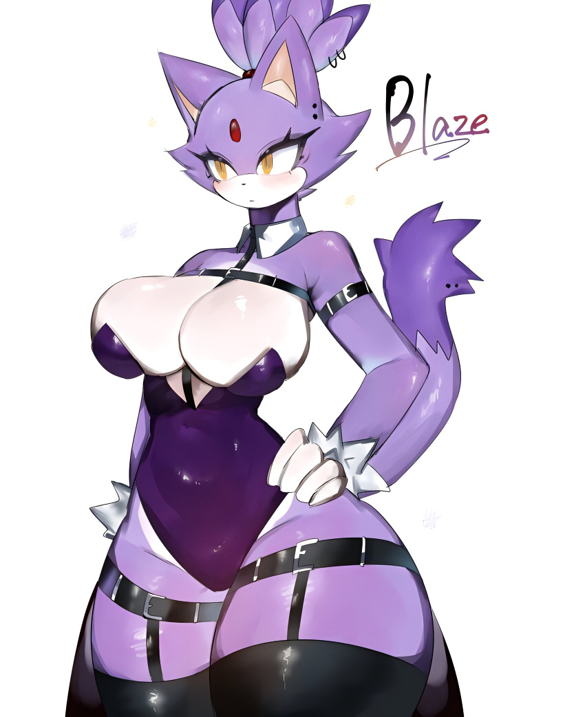 2023 2023s animal_ears belt black_pantyhose blaze_the_cat blush breasts cat_ears cat_girl cat_tail catgirl cleavage ear_piercing female forehead_jewel furry gloves hand_on_own_hip highres huge_breasts leotard looking_to_the_side piercing playboy_bunny purple_body purple_fur purple_hair red_forehead_gem sega short_hair simple_background sonic_(series) sonic_the_hedgehog_(series) tail thigh_belt thigh_strap thighhighs toge77789 togetoge white_background white_fur white_gloves wide_hips yellow_eyes