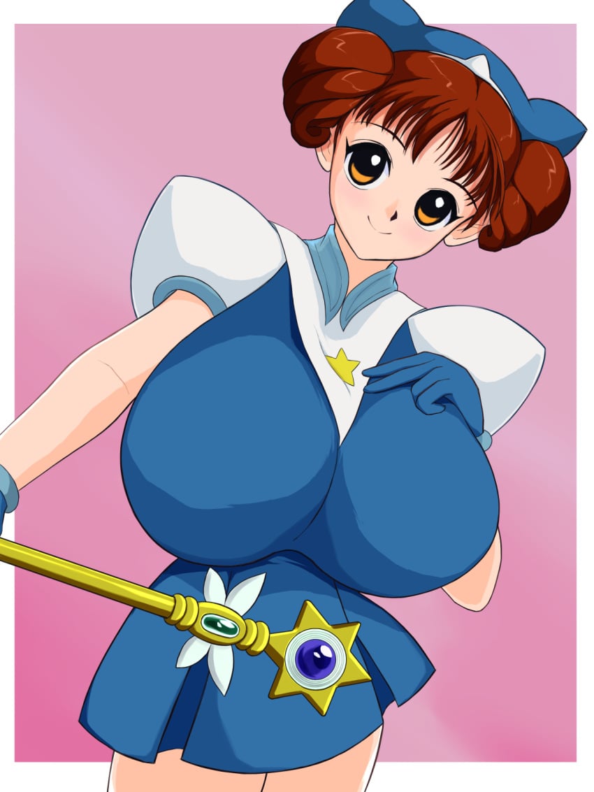 1990s_(style) 2023 atlus blue_dress blue_gloves blue_headwear blue_skirt breasts brown_hair female female_focus gouketsuji_ichizoku hat holding_staff holding_weapon large_breasts looking_at_viewer magical_girl milkcarton_man miniskirt solo staff star_(symbol) wand