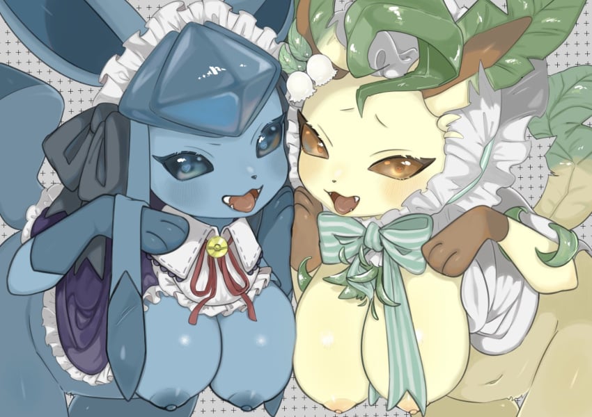 2023 2girls big_breasts blue_body blue_eyes blue_fur blue_sclera breasts brown_eyes brown_sclera cream_body cream_fur eeveelution fangs female female_only furry furry_only generation_4_pokemon glaceon hearts_in_eyes leafeon long_tail looking_at_viewer maid_uniform navel nipples open_mouth paws pokémon_(species) pokemon pokemon_(species) pokemon_unite saamon_1010 simple_background tail tea_party_style_glaceon teeth tongue tongue_out