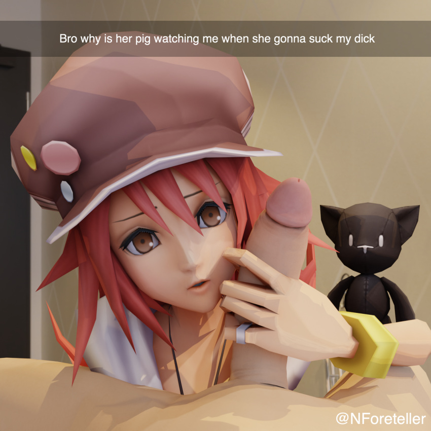 1girls 3d 3d_(artwork) big_penis blender blender_(software) brown_eyes erection female hat hi_res holding_penis looking_at_viewer makoto_yuki male mr._mew naughty_foreteller penis penis_on_face persona persona_3 pov red_hair self_upload shiki_misaki the_world_ends_with_you