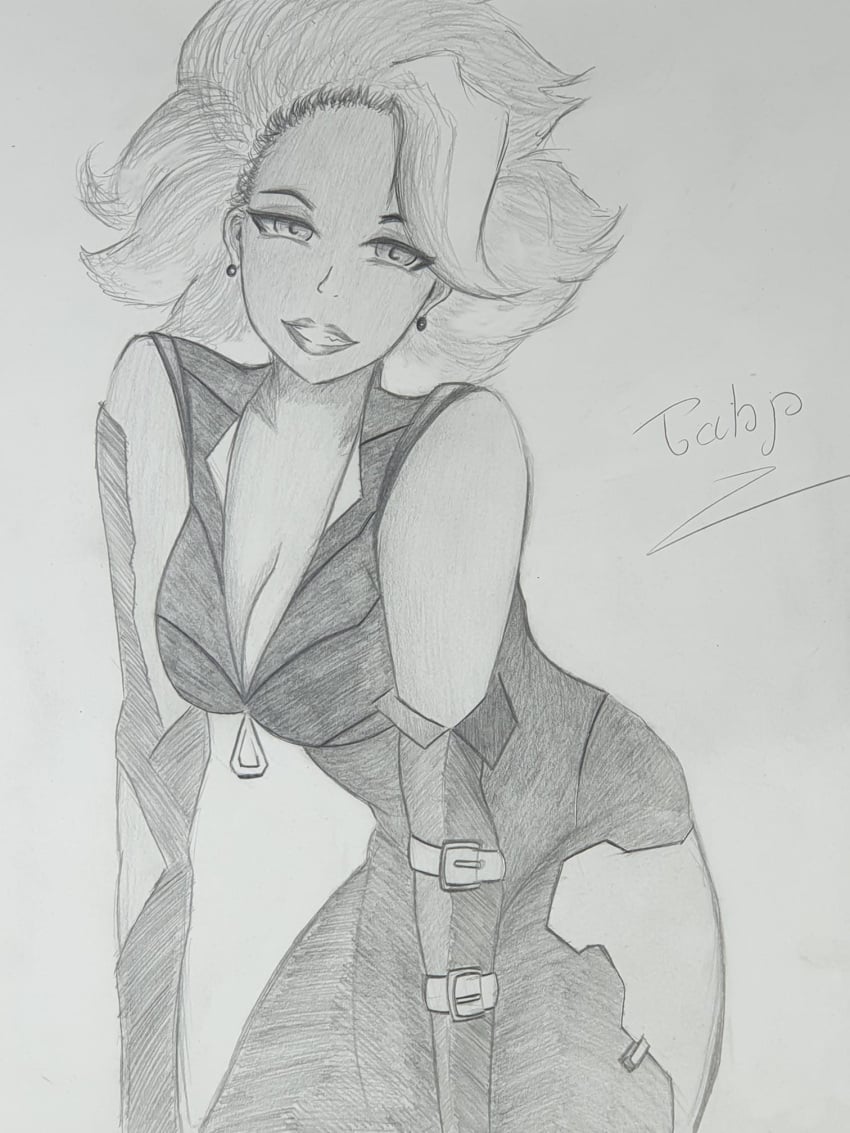 ball_earrings bare_shoulders bimbo black_and_white cleavage clothed earrings female greyscale league_of_legends lipstick monochrome non_nude rell_(league_of_legends) safe_for_work sfw signature sketch sleeveless sleeveless_shirt thick_hips thick_lips thick_thighs top_down toya_(artist) unzipped_bodysuit wide_hips