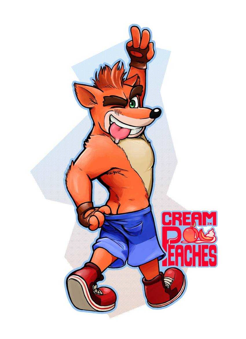 1boy 2019 anthro artist_logo ass blue_shorts blush_lines butt_crack clenched_teeth crash_(series) crash_bandicoot creamin_peaches fingerless_gloves fur furry furry_male furry_only green_eyes male male_only marsupial orange_fur peace_sign pose shorts simple_background sneakers solo tagme teeth tongue tongue_out video_games white_background