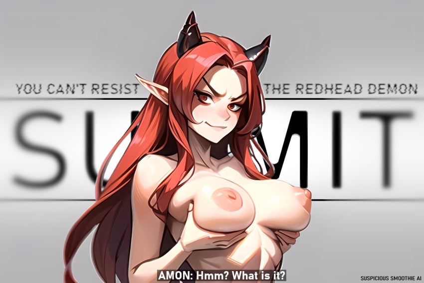 1girls 2023 ai_generated amon_(susmai) areolae artist_name background background_text begging begging_for_sex begging_pose big_breasts blurred blurred_background blurred_text blush blushing_at_viewer breasts breasts_out caption demanding demon demon_girl demon_horns demoness dialogue dominant dominant_female edit edited elf elf_ear elf_ears elf_female english_text eyebrows eyeshadow female female_focus female_only femdom femdom_caption grabbing grabbing_breasts grabbing_own_breast grey_background holding_breast large_breasts light-skinned_female light_skin lips long_ears long_hair looking_at_viewer monster_girl mouth mouth_closed nipples nude nude_female original original_character pointy_ears pose posing posing_for_the_viewer red_eyes red_hair resisting_pleasure seductive seductive_eyes seductive_gaze seductive_look seductive_pose seductive_smile short_horns simple_background smile smiling smiling_at_viewer solo solo_female solo_focus suspicious_smoothie_ai tease teasing teasing_breasts teasing_viewer text text_box text_focus text_in_background thick_eyebrows top_heavy topless topless_female upper_body upper_body_focus white_background