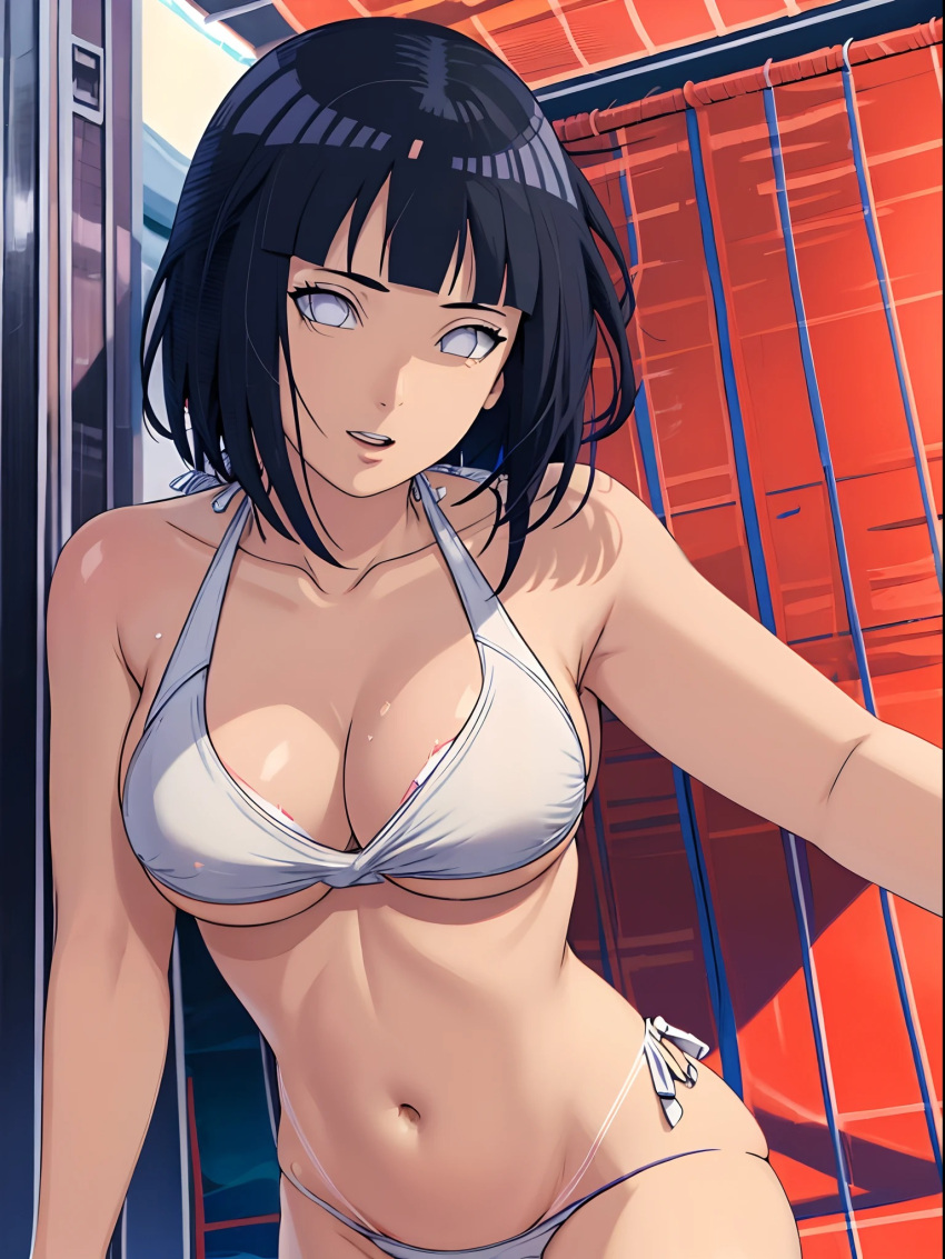 1girls ai_generated big_breasts bikini blue_hair boruto:_naruto_next_generations breasts female female_focus female_only hyuuga_hinata light-skinned_female light_skin looking_at_viewer midriff milf missessai naruto naruto_(series) navel solo solo_female solo_focus white_bikini white_eyes