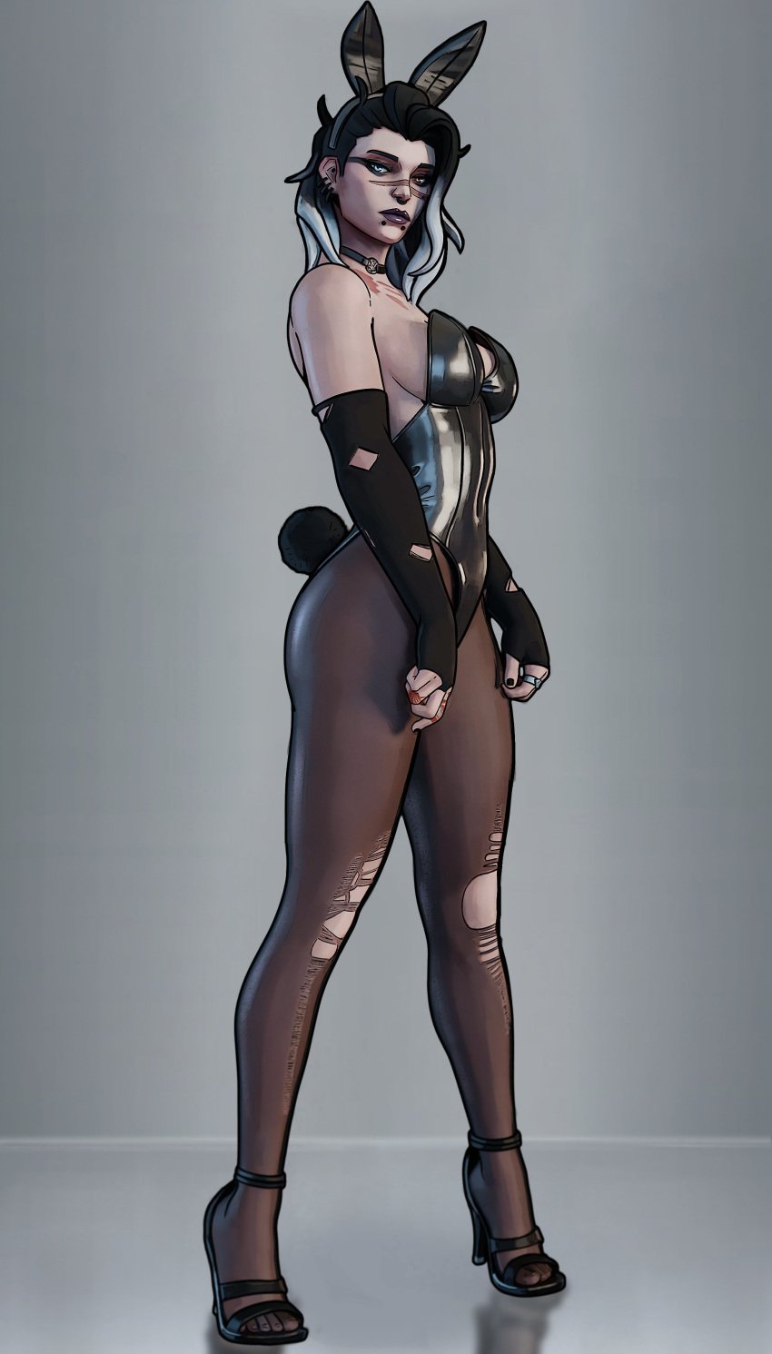 1girls 3d black_choker black_hair breasts bunny_ears bunny_tail bunnysuit choker elbow_gloves fade_(valorant) female fingerless_gloves full_body gloves goth goth_girl heels high_heels long_hair makeup medium_breasts navel piercing piercings rabbit_ears rabbit_tail riot_games scar sfrinzy solo standing tail torn_clothes torn_legwear two_tone_hair valorant