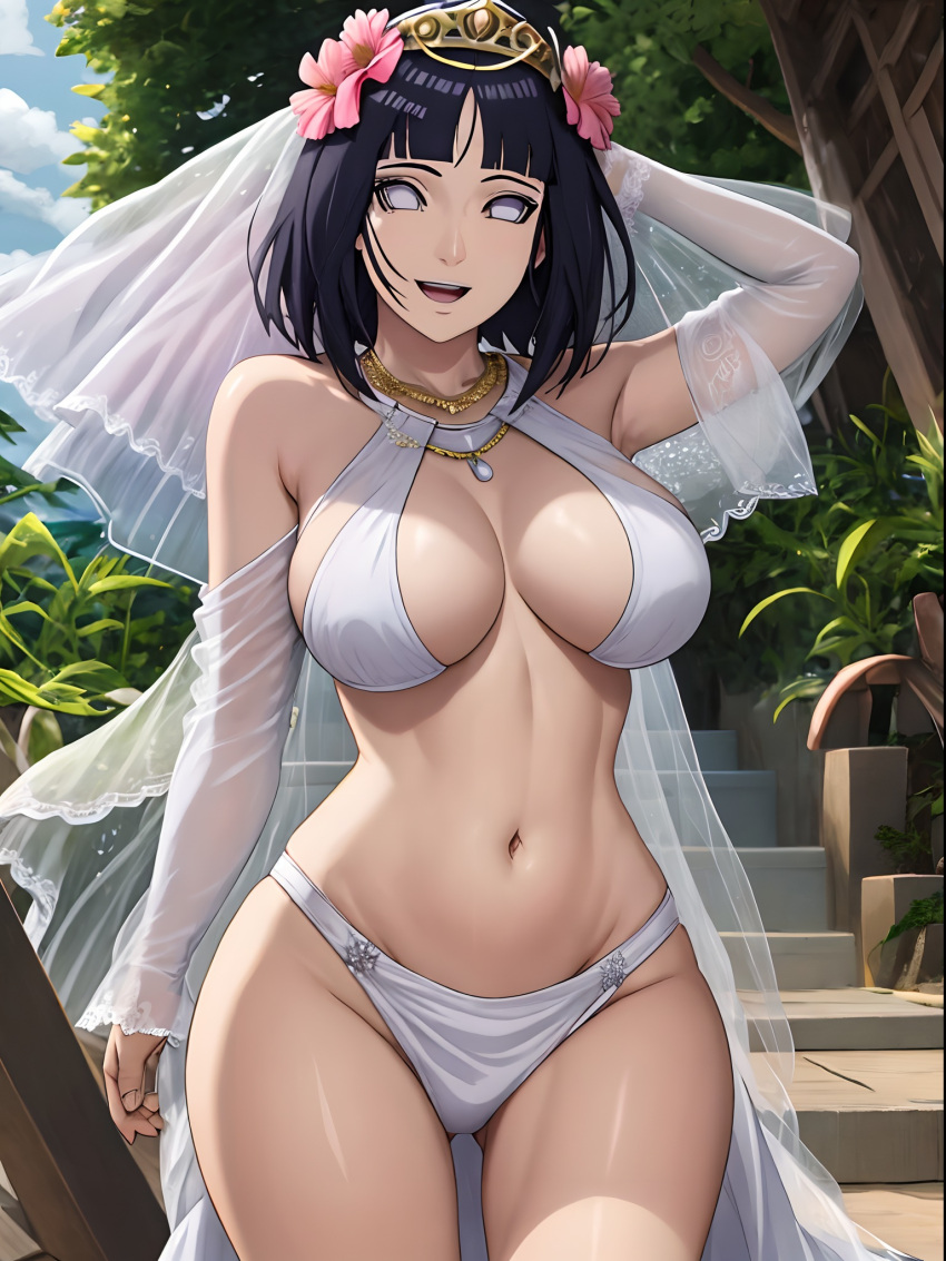 1girls ai_generated big_breasts bikini blue_hair boruto:_naruto_next_generations breasts crown female female_focus female_only gloves hyuuga_hinata light-skinned_female light_skin looking_at_viewer midriff milf missessai naruto naruto_(series) navel smile smiling solo solo_female solo_focus wedding_veil white_bikini white_eyes