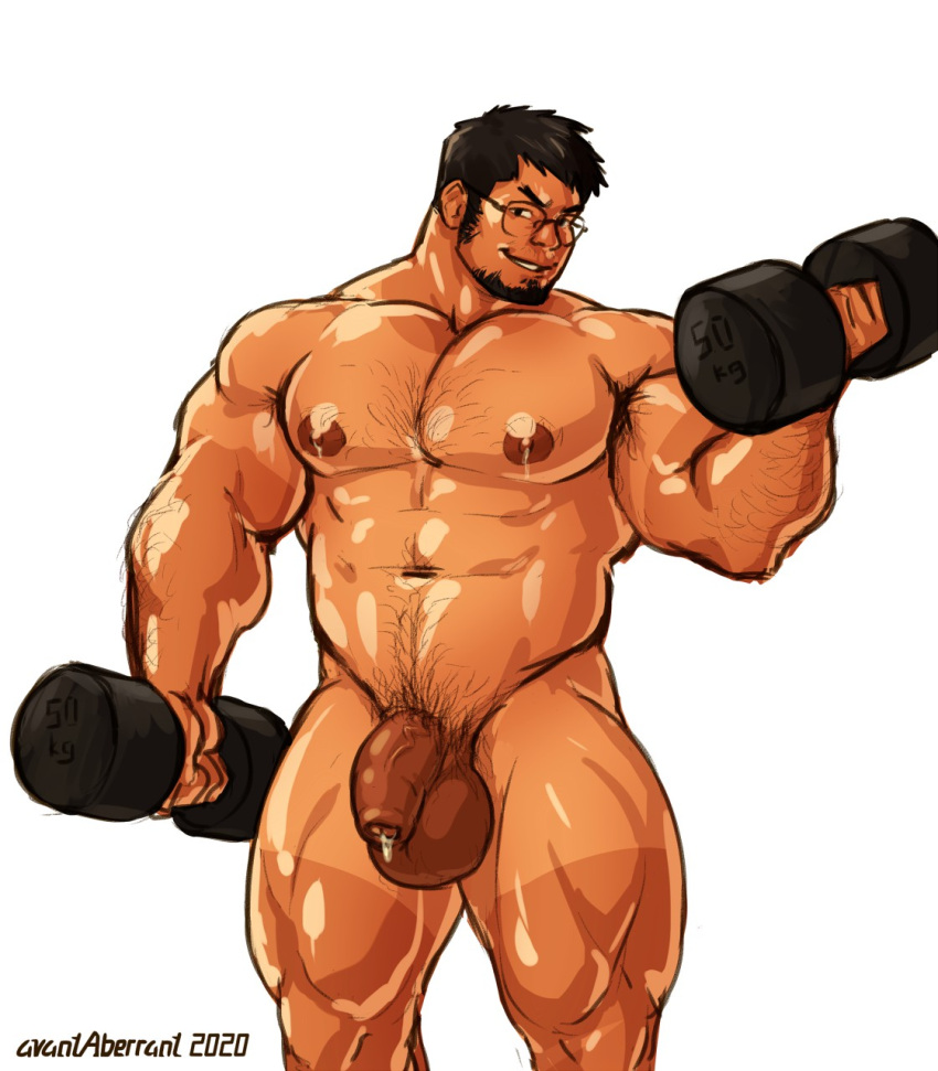 avantaberrant balls bara black_hair facial_hair flaccid glasses human human_only male male_only muscles muscular muscular_arms muscular_legs muscular_male muscular_thighs nude penis solo solo_male tanned tanned_body tanned_male tanned_skin weightlifting