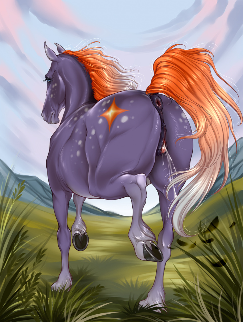 2023 anatomically_correct anatomically_correct_genitalia anatomically_correct_pussy animal_genitalia animal_pussy anus ass bodily_fluids clitoral_winking clitoris cloud detailed_background equid equine equine_genitalia equine_pussy eyelashes female feral genital_fluids genitals grass hi_res hooves horse mammal mane orange_mane orange_tail outside plant puffy_anus pussy pussy_juice raised_tail rear_view sky solo tail velvet_requiem