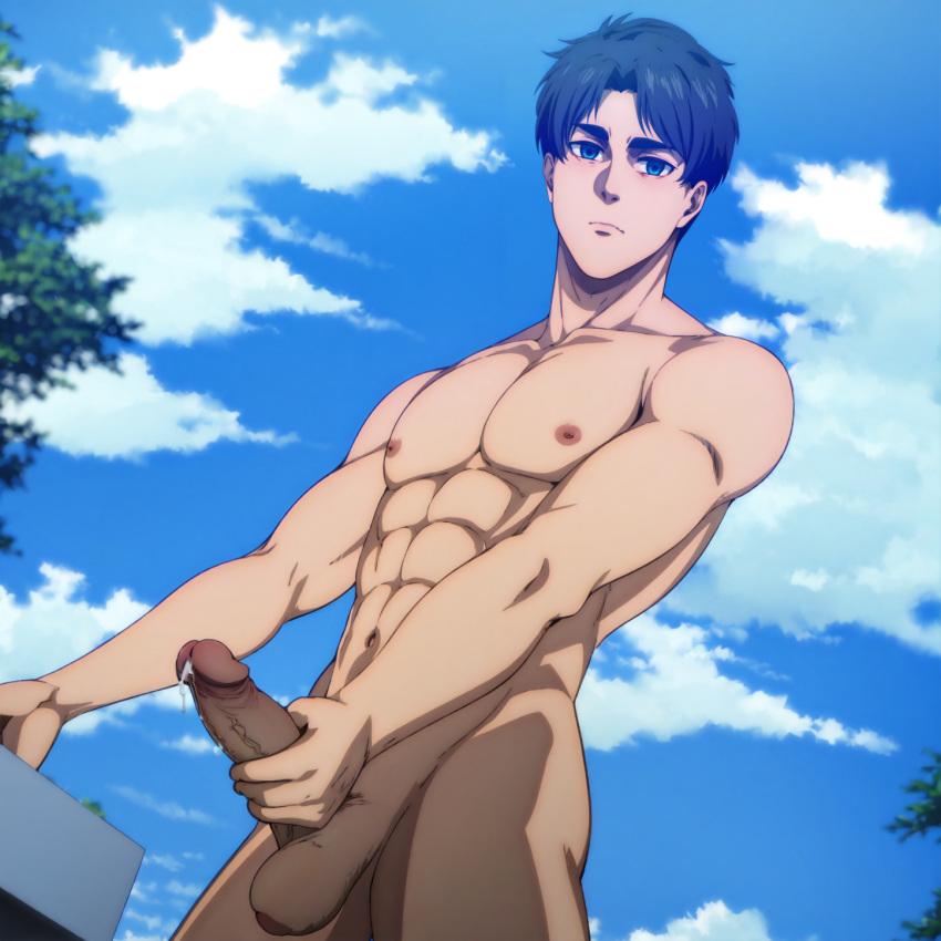 1boy abs ai_generated attack_on_titan black_hair cock completely_nude_male cum cumshot dick eren_jaeger from_below gilxxgamesh green_eyes hand_on_penis looking_at_viewer male male_only masturbation muscular muscular_male nipples nude nude_male outside penis public public_nudity shingeki_no_kyojin sky solo solo_male