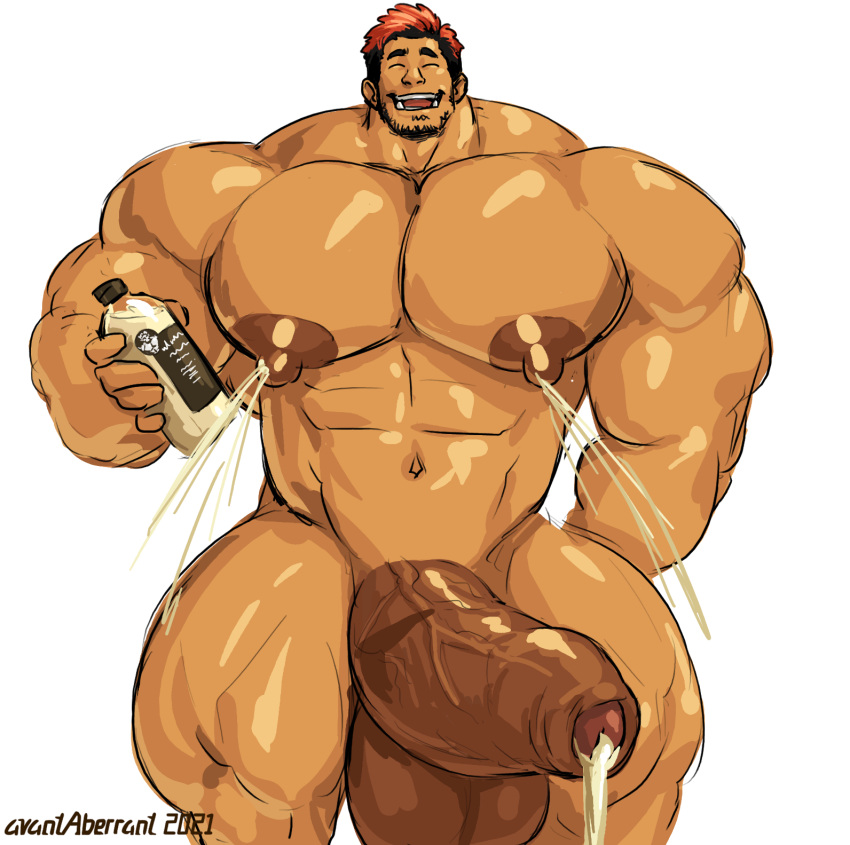 avantaberrant balls bara big_balls big_penis boner bottle closed_eyes cum erection facial_hair human human_only lactation male male_lactation male_only muscles muscular penis smiling solo solo_male