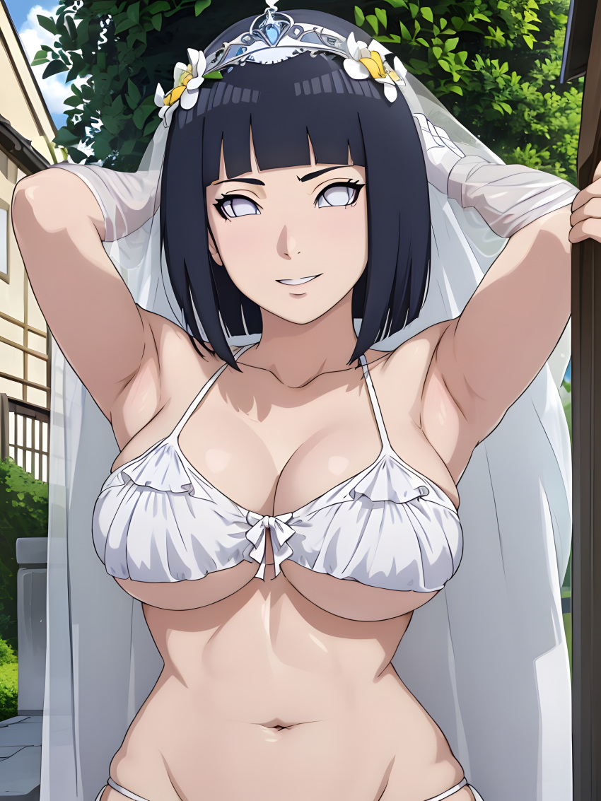 1girls ai_generated big_breasts bikini blue_hair boruto:_naruto_next_generations breasts crown female female_focus female_only gloves hyuuga_hinata light-skinned_female light_skin looking_at_viewer midriff milf missessai naruto naruto_(series) navel pudgy_belly solo solo_female solo_focus wedding_veil white_bikini white_eyes white_gloves