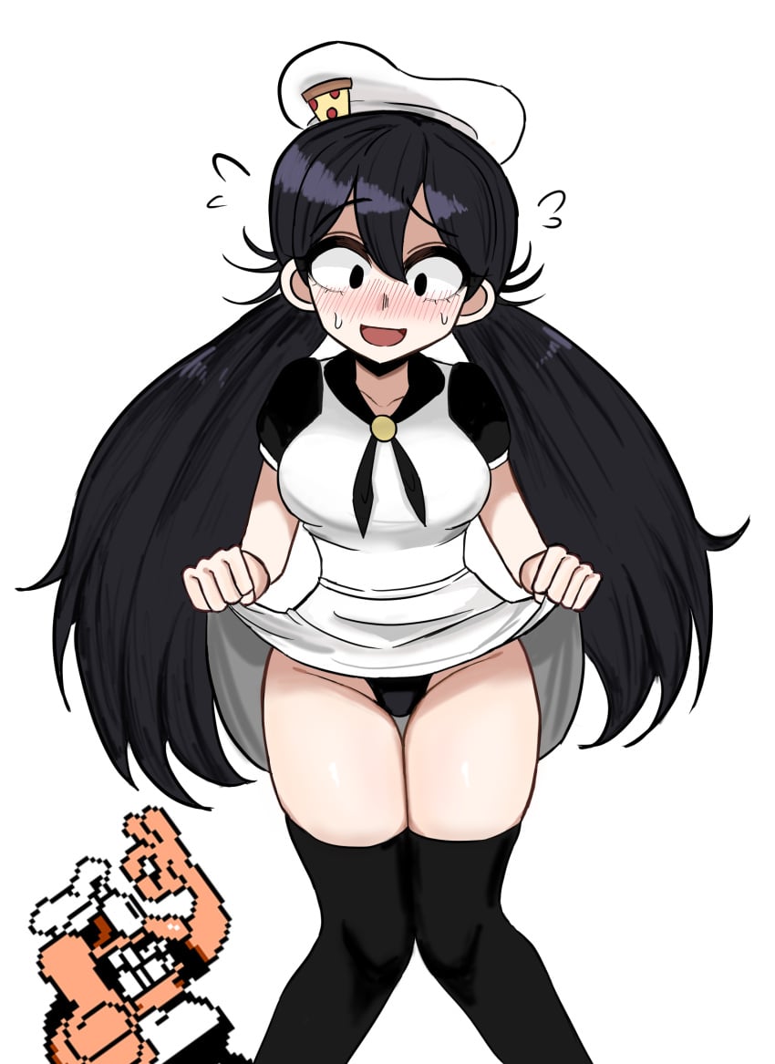 1boy 2023 black_eyes black_hair black_panties blush duo fan_character female female_focus flashing_panties flying_sweatdrops lifting_skirt long_hair male okay_sign panties peppina_and_the_magical_tower_of_pizza peppina_ramen_(ketartdragon) peppino_spaghetti pixel_art pizza_tower ppppddd siksang1160 skirt_lift sweat thighhighs thumbs_up twintails white_background