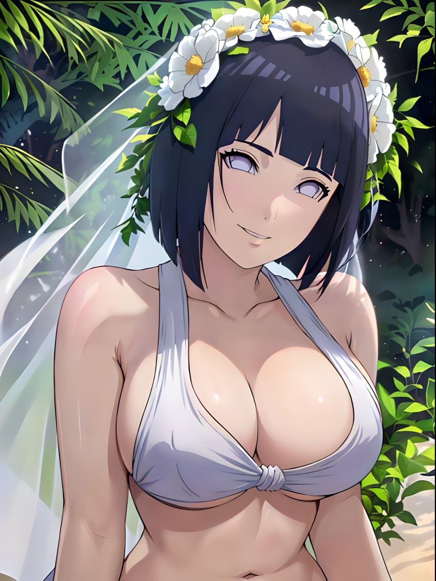 1girls ai_generated big_breasts bikini blue_hair boruto:_naruto_next_generations breasts crown female female_focus female_only flower_crown gloves hyuuga_hinata light-skinned_female light_skin looking_at_viewer midriff milf missessai naruto naruto_(series) navel pudgy_belly solo solo_female solo_focus wedding_veil white_bikini white_eyes white_gloves