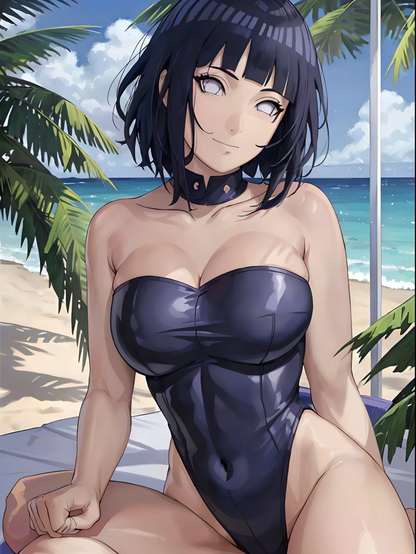 1girls ai_generated big_breasts blue_hair boruto:_naruto_next_generations breasts female female_focus female_only hyuuga_hinata light-skinned_female light_skin looking_at_viewer milf missessai naruto naruto_(series) navel one-piece_swimsuit solo solo_female solo_focus swimsuit white_eyes