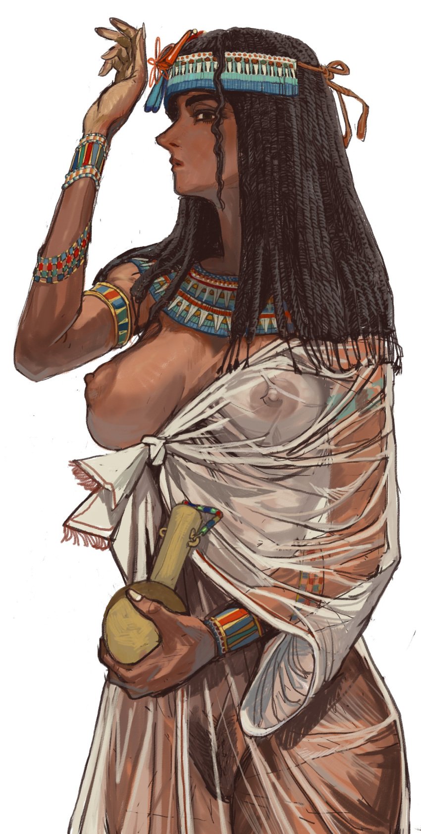 1girls ancient_egypt big_breasts big_nipples breasts_out casual_exposure casual_nudity dark-skinned_female dark_skin egyptian egyptian_female female female_only history human human_only large_areolae mossa nipples one_breast_out public_domain pussy_visible_through_panties solo solo_female tagme traditional_clothes translucent_clothing white_background