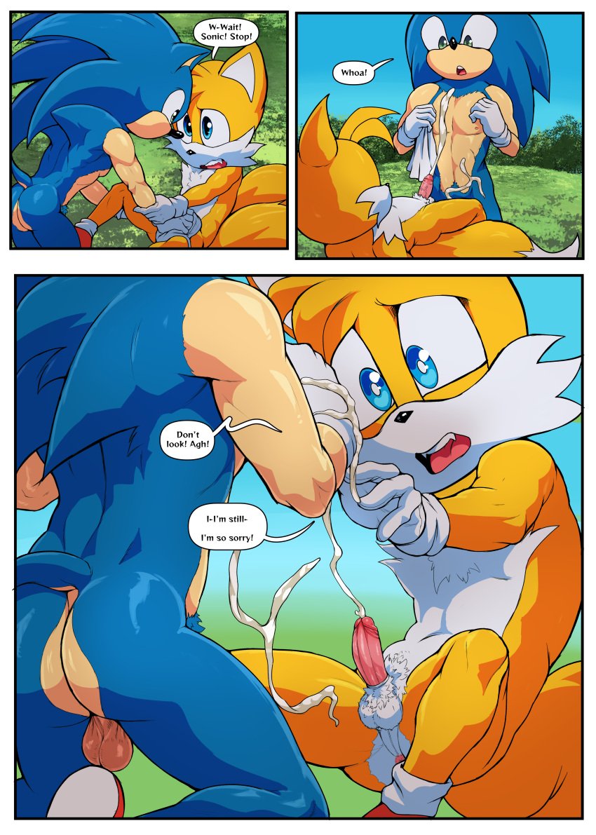 absurd_res anthro bodily_fluids comic cum cum_on_body cumshot duo ejaculation gay genital_fluids handjob handjob_through_clothing hi_res kokobiel male male/male male_only penile sega sex sonic_(series) sonic_the_hedgehog sonic_the_hedgehog_(series) sonic_the_hedgehog_2 tails yaoi