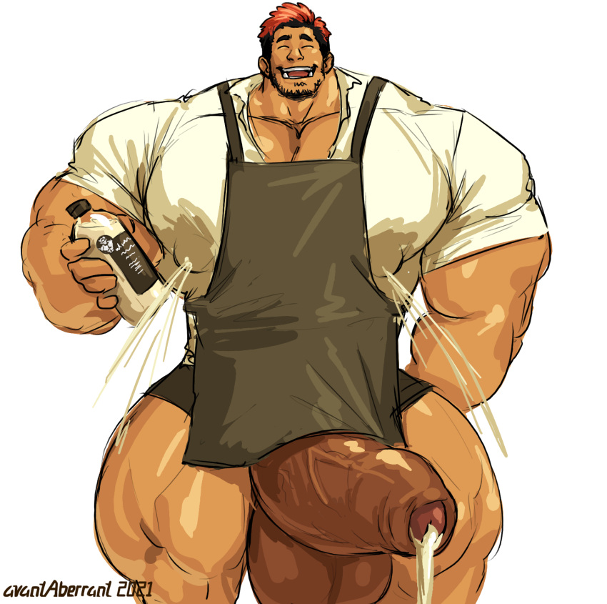 apron avantaberrant balls bara big_balls big_penis boner bottle closed_eyes clothing cum erection facial_hair human human_only lactation lactation_through_clothes male male_lactation male_only muscles muscular penis smiling solo solo_male