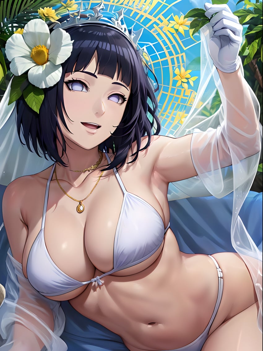 1girls ai_generated big_breasts bikini blue_hair boruto:_naruto_next_generations breasts crown female female_focus female_only flower_in_hair gloves hyuuga_hinata light-skinned_female light_skin looking_at_viewer midriff milf missessai naruto naruto_(series) navel solo solo_female solo_focus wedding_veil white_bikini white_eyes white_gloves